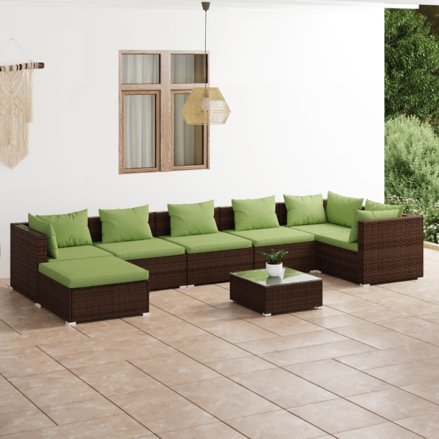 Set Divani da Giardino 8 pz con Cuscini in Polyrattan Marrone