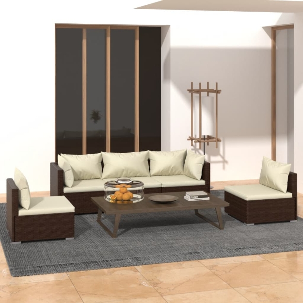 Set Divani da Giardino 5 pz con Cuscini in Polyrattan Marrone