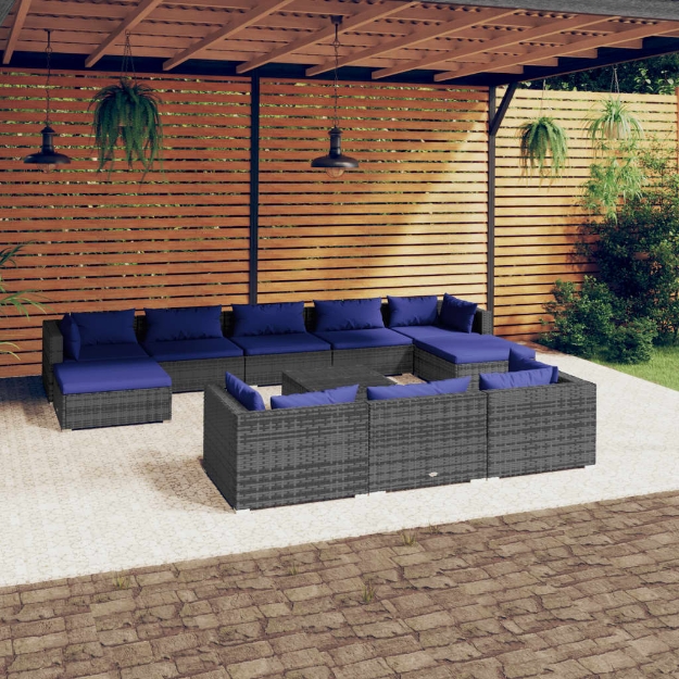 Set Divani da Giardino 11 pz con Cuscini in Polyrattan Grigio