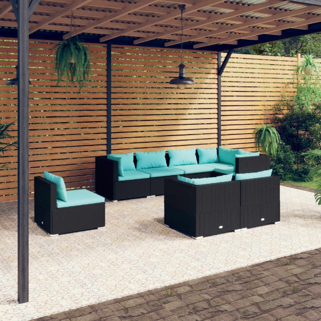 Set Divani da Giardino 8 pz con Cuscini in Polyrattan Nero