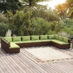 Set Divani da Giardino 10 pz con Cuscini in Polyrattan Marrone