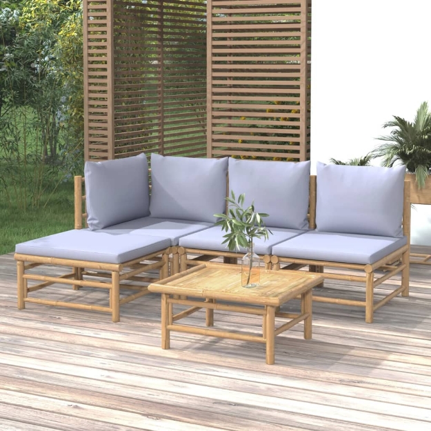 Set Salotto da Giardino 5pz con Cuscini Grigio Chiaro Bambù