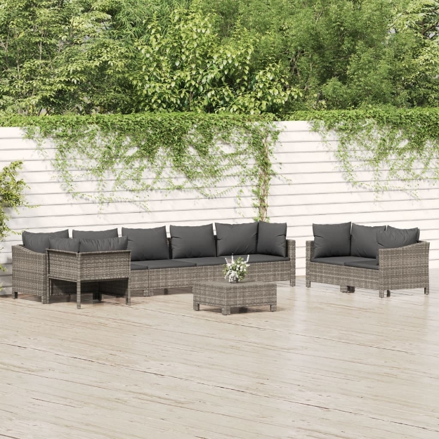 Set Divani da Giardino 9 pz con Cuscini in Polyrattan Grigio