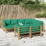 Set Salotto da Giardino 10pz con Cuscini Verdi Bambù