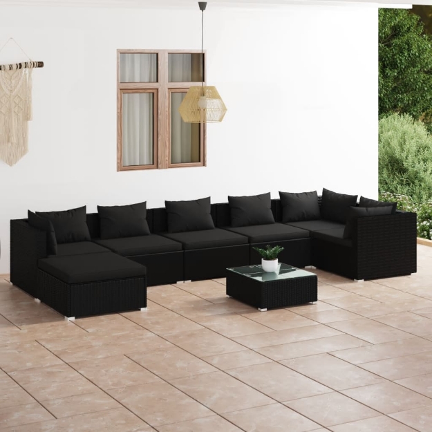 Set Salotto da Giardino 8 pz con Cuscini in Polyrattan Nero