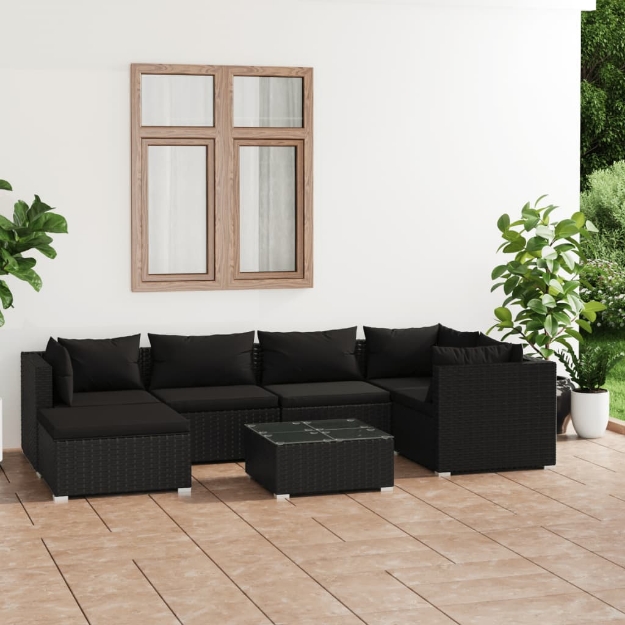 Set Divani da Giardino 7 pz con Cuscini in Polyrattan Nero