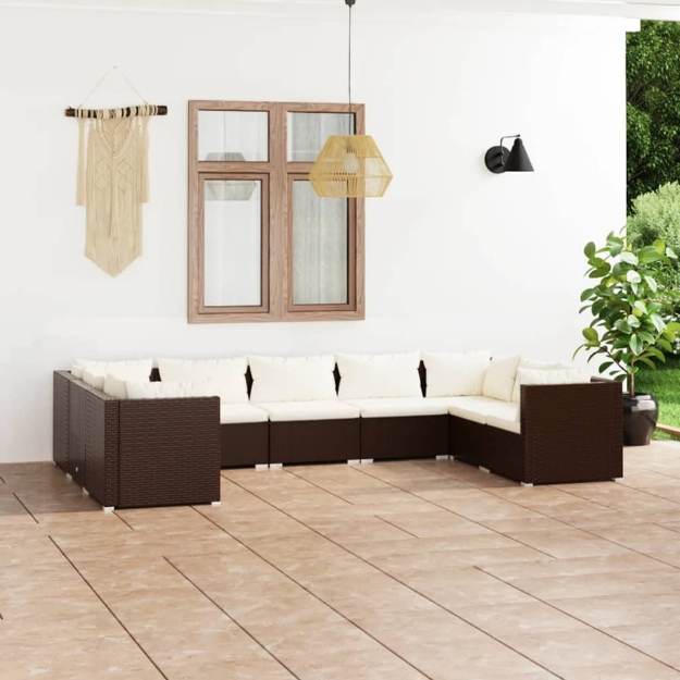 Set Divani da Giardino 9 pz con Cuscini in Polyrattan Marrone