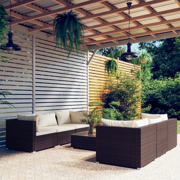 Set Divani da Giardino 7 pz con Cuscini in Polyrattan Marrone