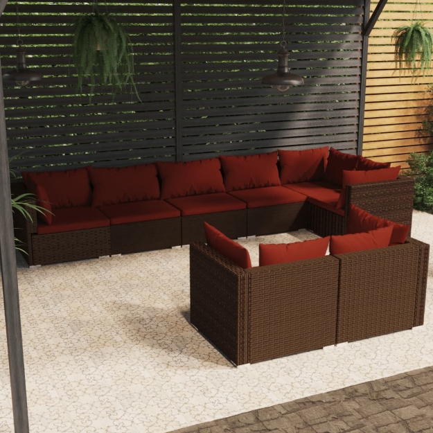 Set Divani da Giardino 8 pz con Cuscini in Polyrattan Marrone