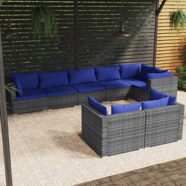 Set Divani da Giardino 8 pz con Cuscini in Polyrattan Grigio