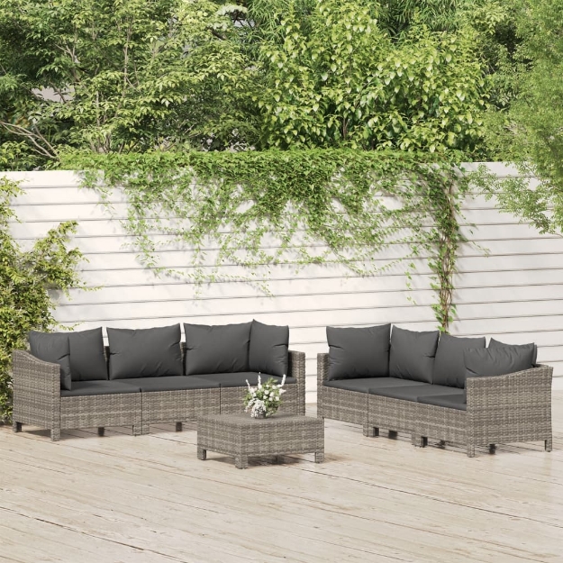 Set Divani da Giardino 7 pz con Cuscini in Polyrattan Grigio