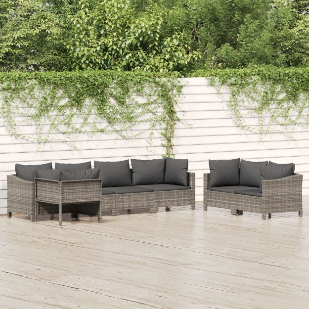 Set Divani da Giardino 7 pz con Cuscini in Polyrattan Grigio