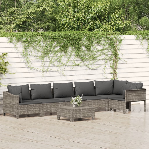 Set Divani da Giardino 7 pz con Cuscini in Polyrattan Grigio