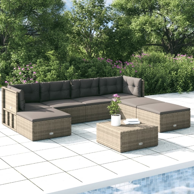 Set Divani da Giardino 7 pz con Cuscini in Polyrattan Grigio