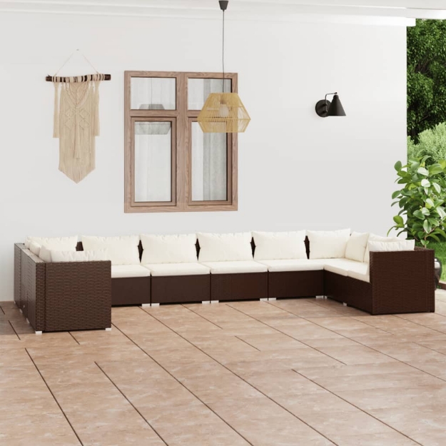 Set Divani da Giardino 10 pz con Cuscini in Polyrattan Marrone