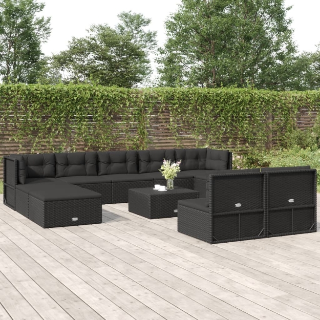 Set Salotto da Giardino 10pz con Cuscini in Polyrattan Nero