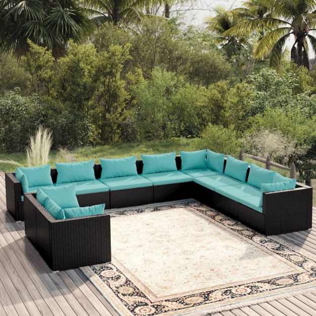 Set Salotto da Giardino 10pz con Cuscini in Polyrattan Nero