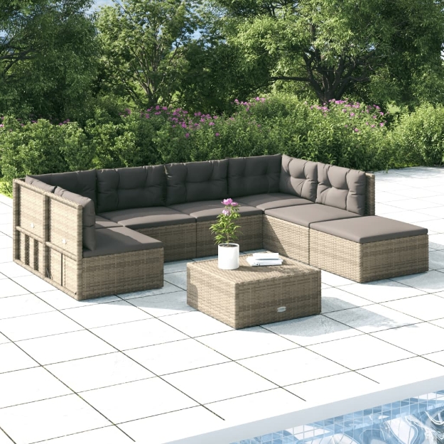 Set Divani da Giardino 7 pz con Cuscini in Polyrattan Grigio