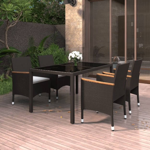 Set da Pranzo Giardino 5 pz Polyrattan e Vetro Temperato Nero