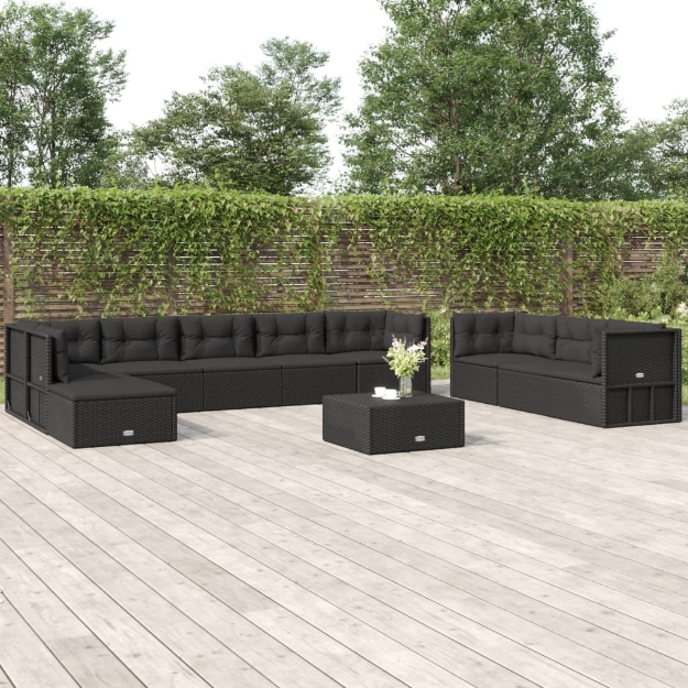 Set Salotto da Giardino 10pz con Cuscini in Polyrattan Nero