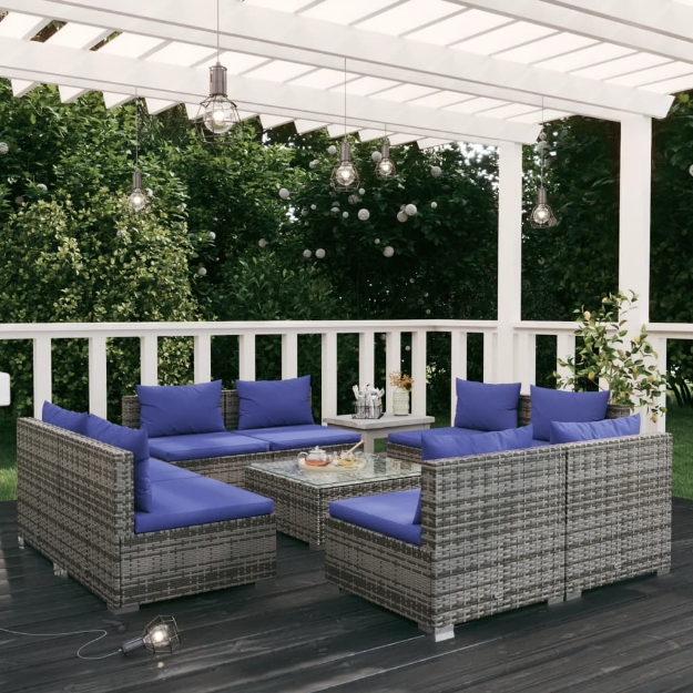 Set Divani da Giardino 9 pz con Cuscini in Polyrattan Grigio