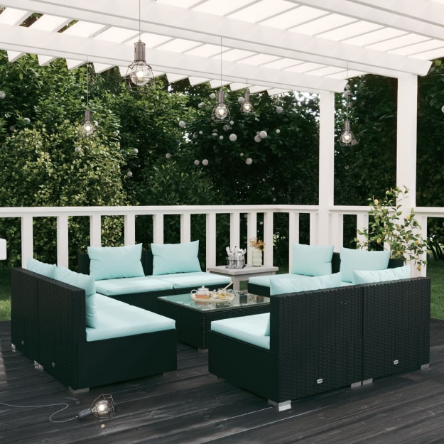 Set Salotto da Giardino 9 pz con Cuscini in Polyrattan Nero