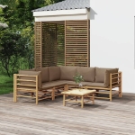 Set Salotto da Giardino 6pz con Cuscini Tortora Bambù