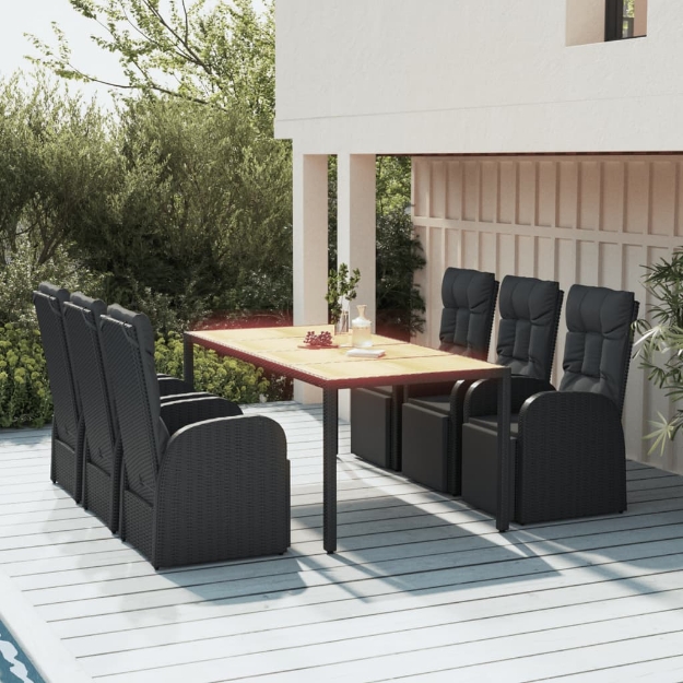 Set Pranzo Giardino 7pz Nero Polyrattan e Legno Massello Acacia