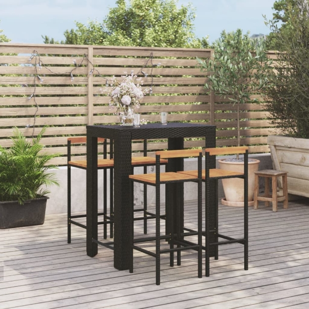 Set Bar Giardino 5 pz Nero Polyrattan e Legno Massello Acacia