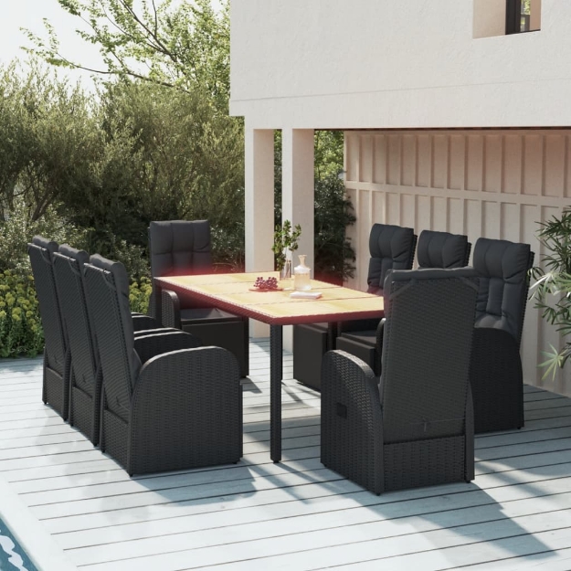 Set Pranzo Giardino 9pz Nero Polyrattan e Legno Massello Acacia