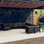 Set Divani da Giardino 11 pz con Cuscini Massello di Pino Nero