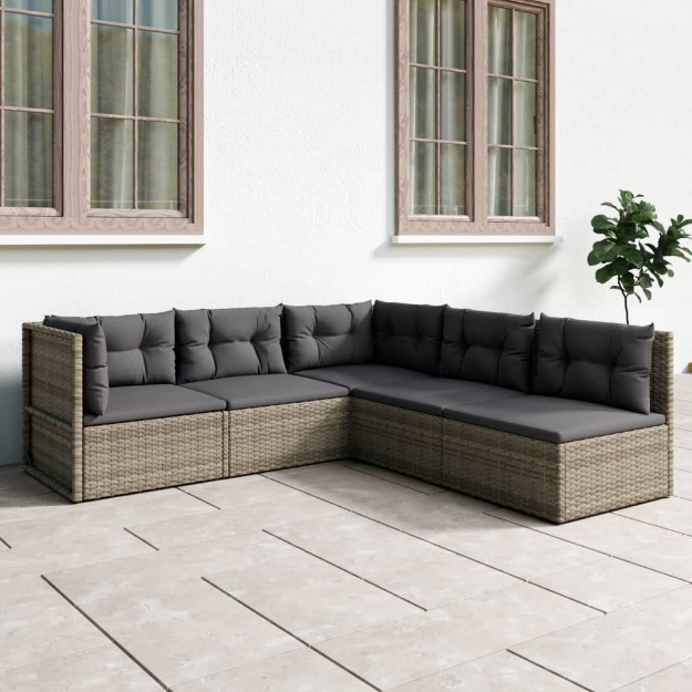 Set Divani da Giardino 5 pz con Cuscini in Polyrattan Grigio