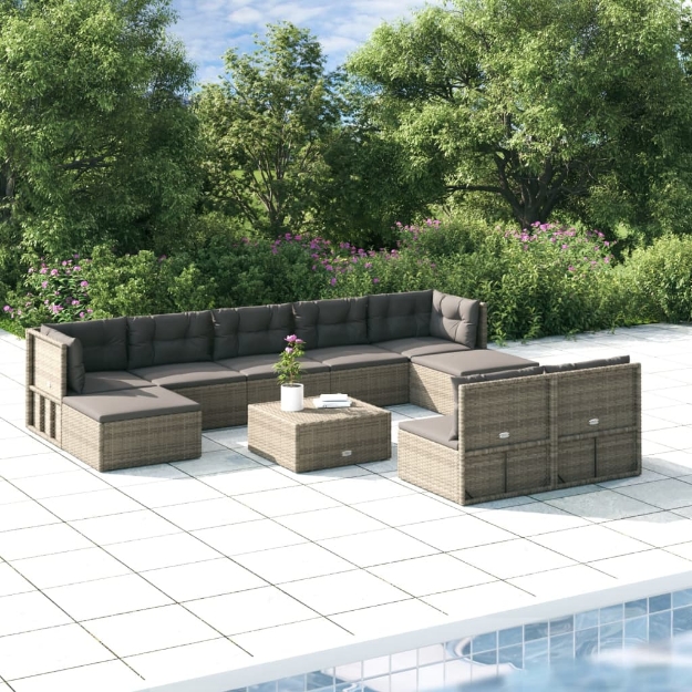 Set Divani da Giardino 9 pz con Cuscini in Polyrattan Grigio