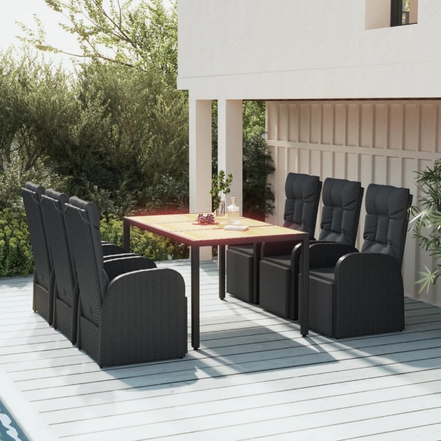 Set Pranzo Giardino 7pz Nero Polyrattan e Legno Massello Acacia