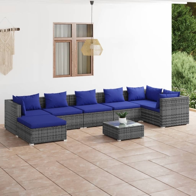 Set Divani da Giardino 8 pz con Cuscini in Polyrattan Grigio