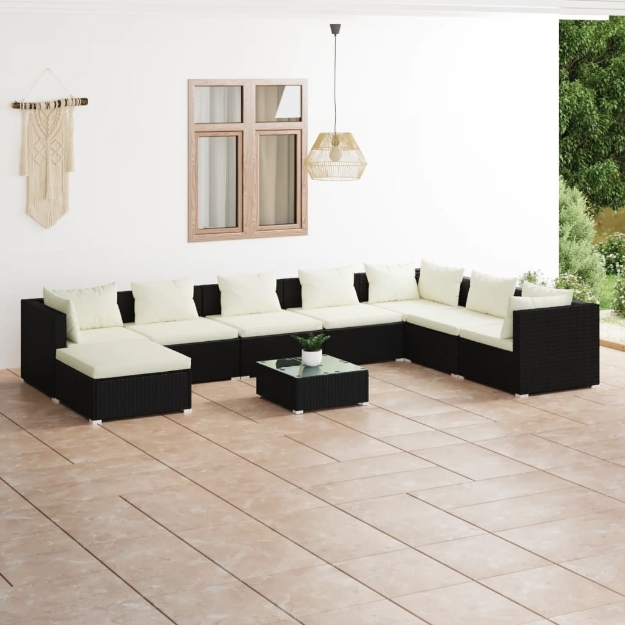 Set Salotto da Giardino 9 pz con Cuscini in Polyrattan Nero