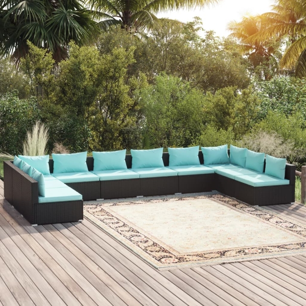 Set Divani da Giardino 10 pz con Cuscini in Polyrattan Nero