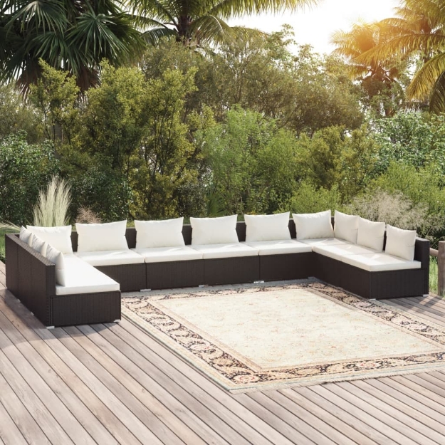 Set Divani da Giardino 10 pz con Cuscini in Polyrattan Nero