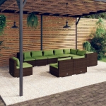 Set Divani da Giardino 10 pz con Cuscini in Polyrattan Marrone