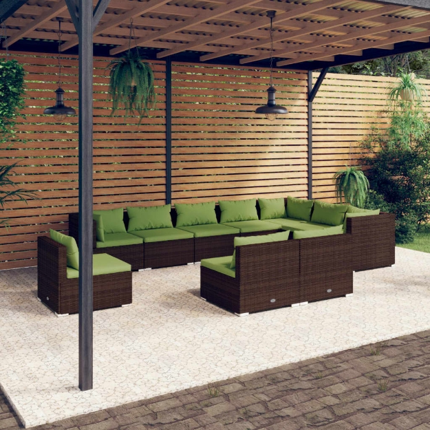 Set Divani da Giardino 10 pz con Cuscini in Polyrattan Marrone