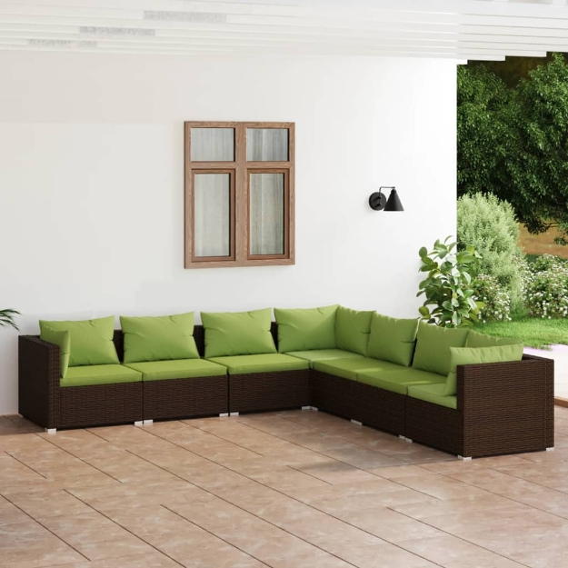 Set Divani da Giardino 7 pz con Cuscini in Polyrattan Marrone