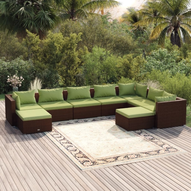 Set Divani da Giardino 9 pz con Cuscini in Polyrattan Marrone