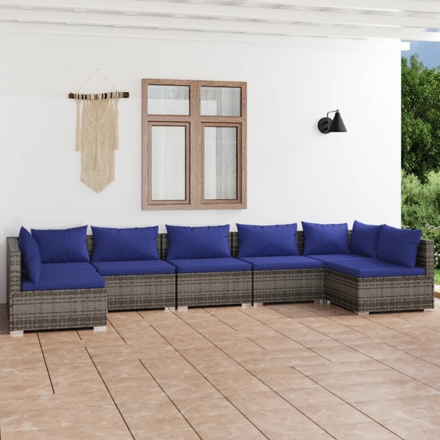 Set Divani da Giardino 7 pz con Cuscini in Polyrattan Grigio