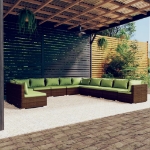 Set Divani da Giardino 11 pz con Cuscini in Polyrattan Marrone