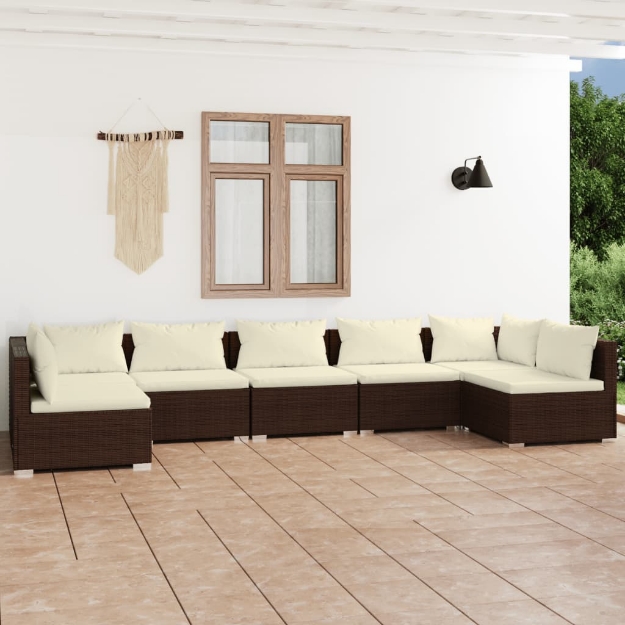 Set Divani da Giardino 7 pz con Cuscini in Polyrattan Marrone