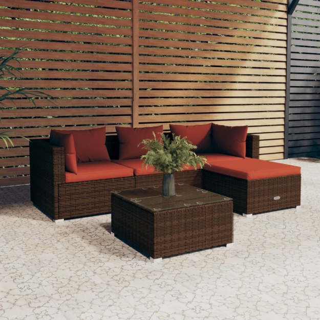 Set Divani da Giardino 5 pz con Cuscini in Polyrattan Marrone