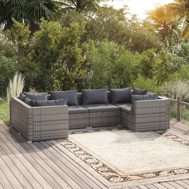 Set Divani da Giardino 6 pz con Cuscini in Polyrattan Grigio