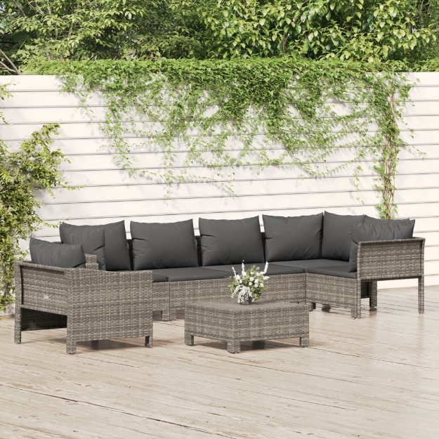 Set Divani da Giardino 7 pz con Cuscini in Polyrattan Grigio