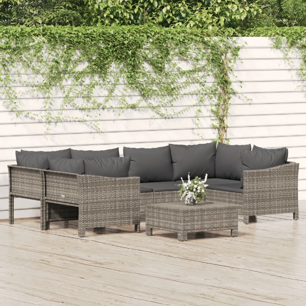 Set Divani da Giardino 7 pz con Cuscini in Polyrattan Grigio