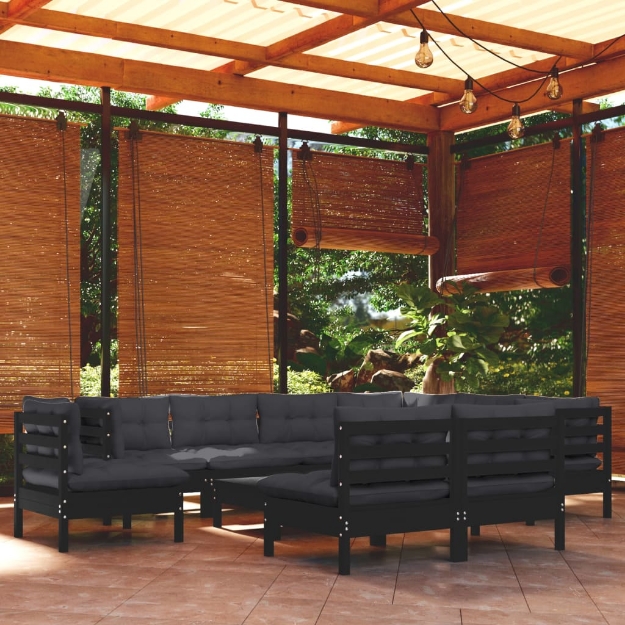 Set Divani da Giardino 10 pz con Cuscini Neri Legno di Pino